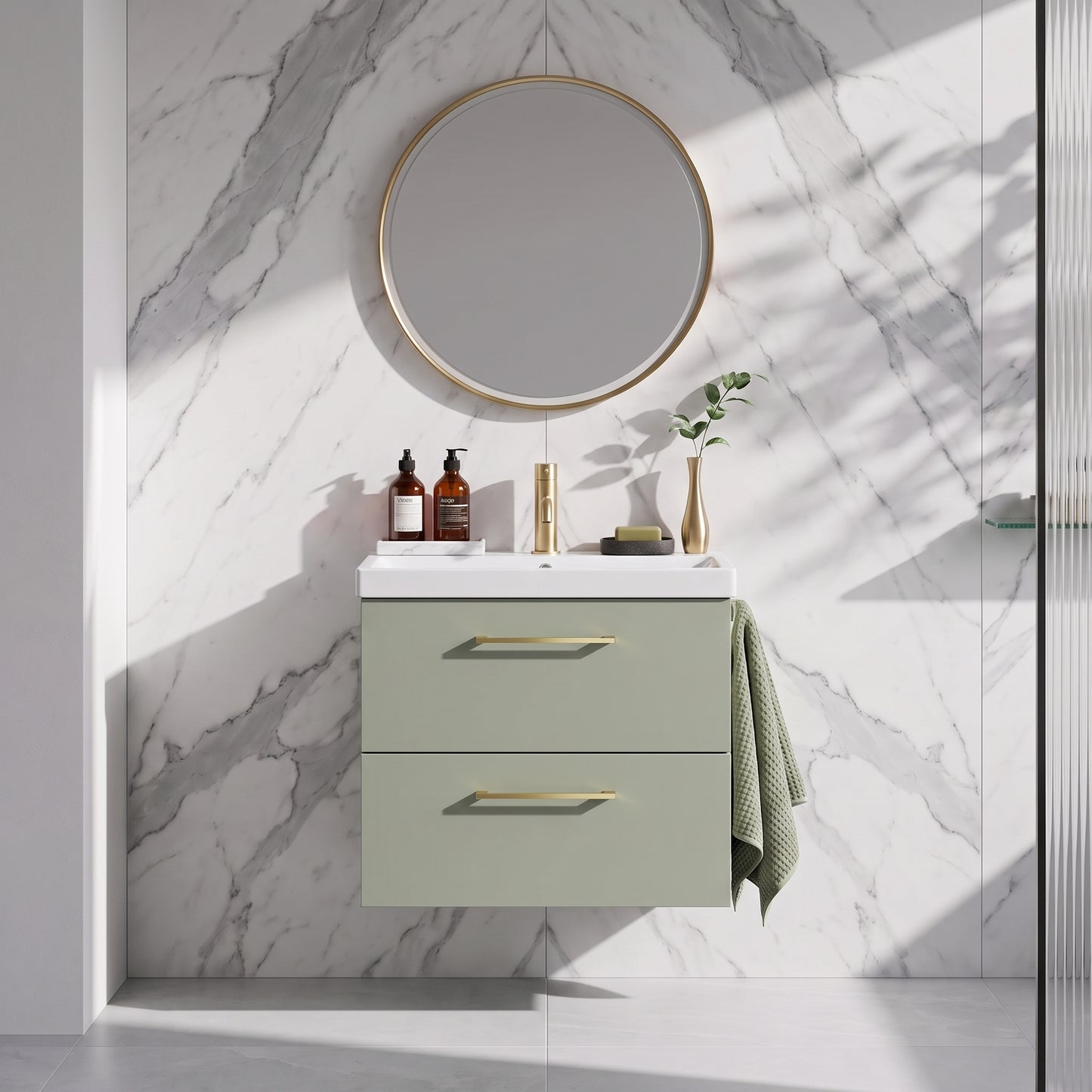 Fairford Aspri 600mm Satin Green 2-Drawer Wall Hung Vanity Unit