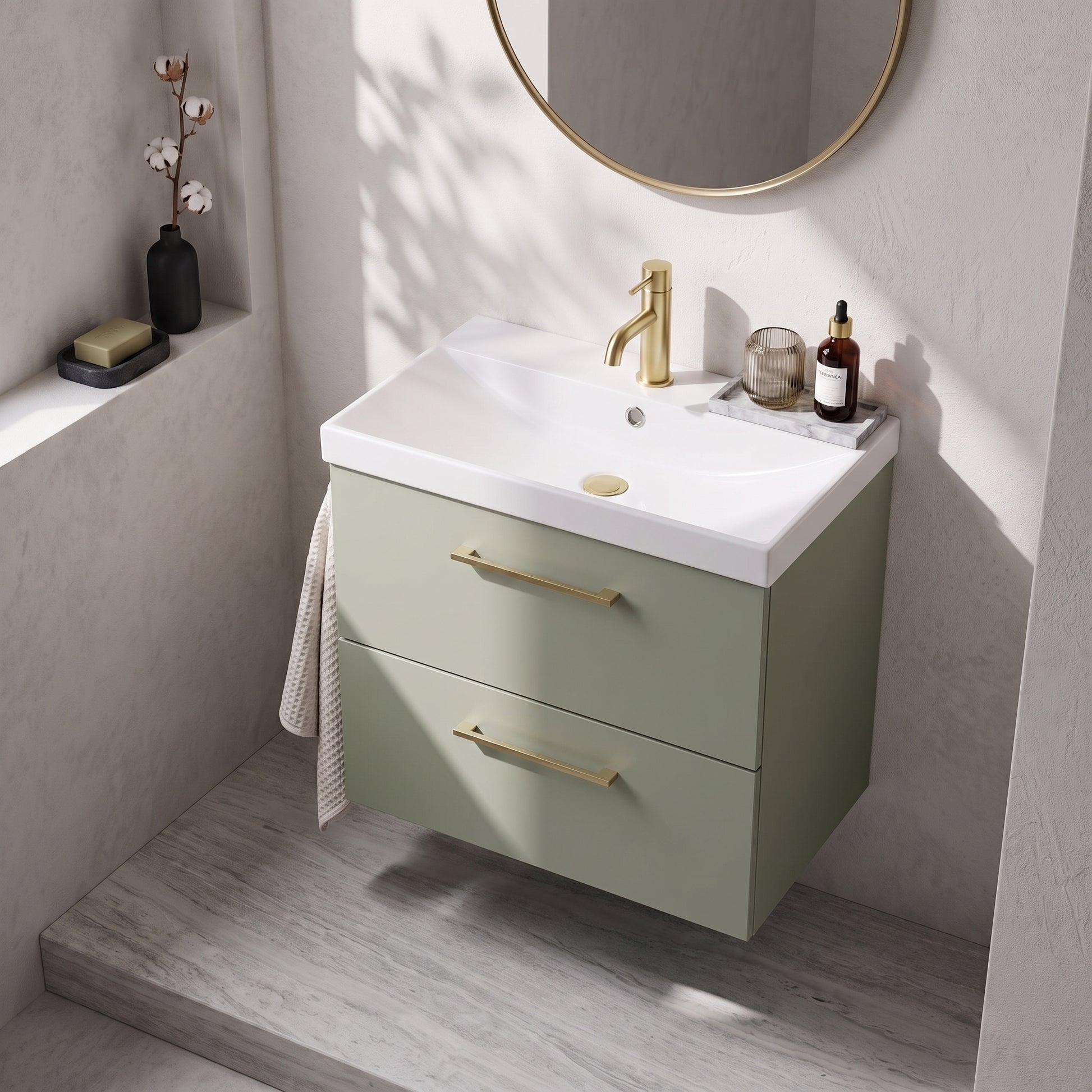 Fairford Aspri 600mm Satin Green 2-Drawer Wall Hung Vanity Unit