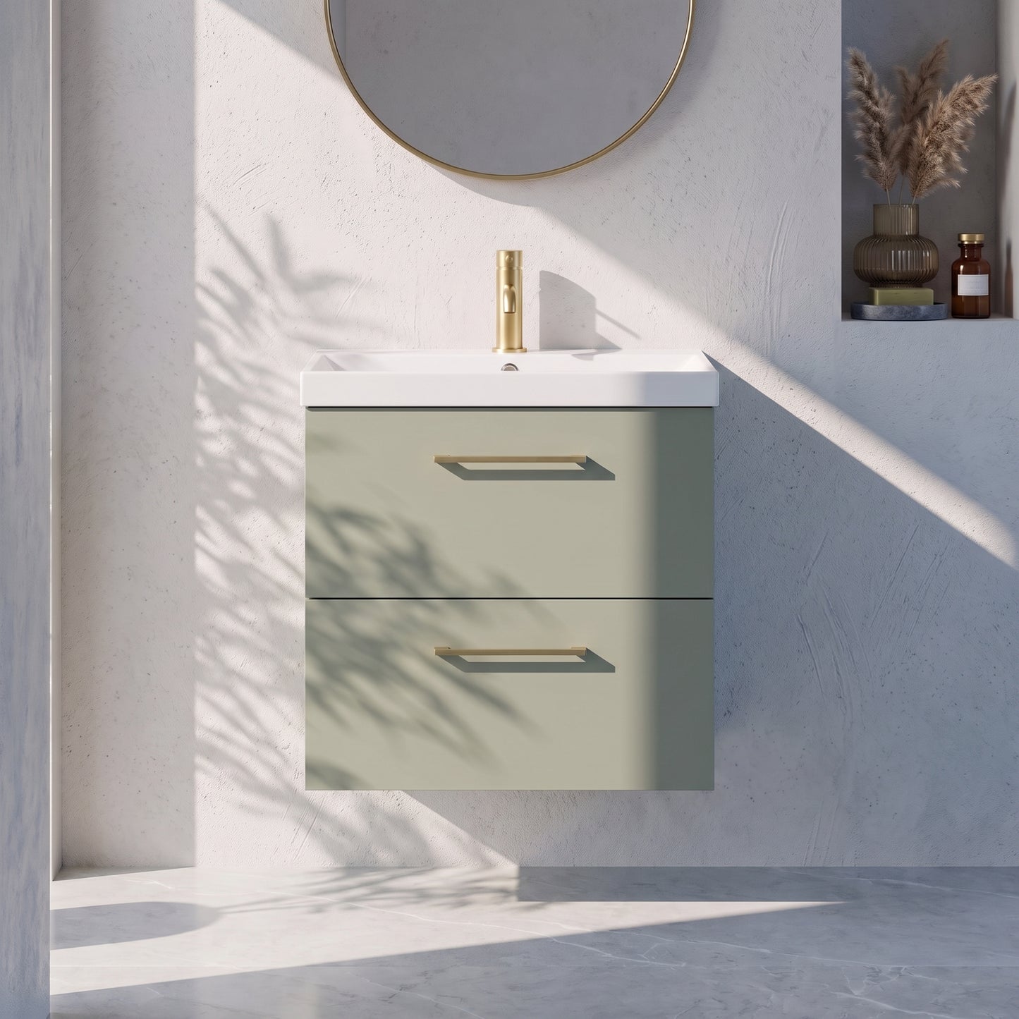 Fairford Aspri 600mm Satin Green 2-Drawer Wall Hung Vanity Unit