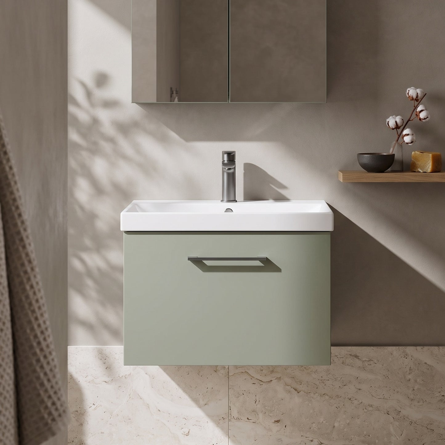 Fairford Aspri 600mm Satin Green Wall Hung Vanity Unit, 40mm Basin