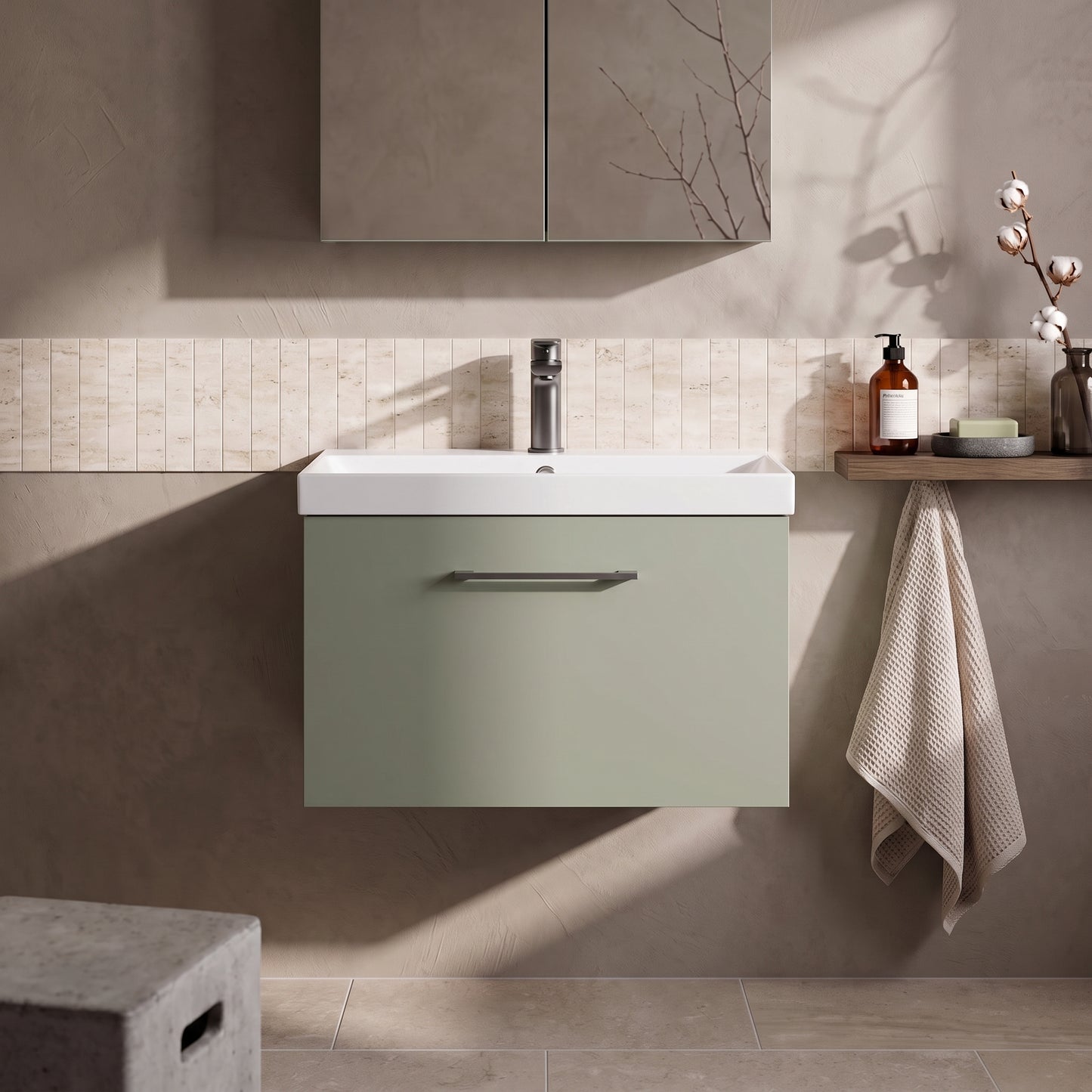 Fairford Aspri 600mm Satin Green Wall Hung Vanity Unit, 40mm Basin