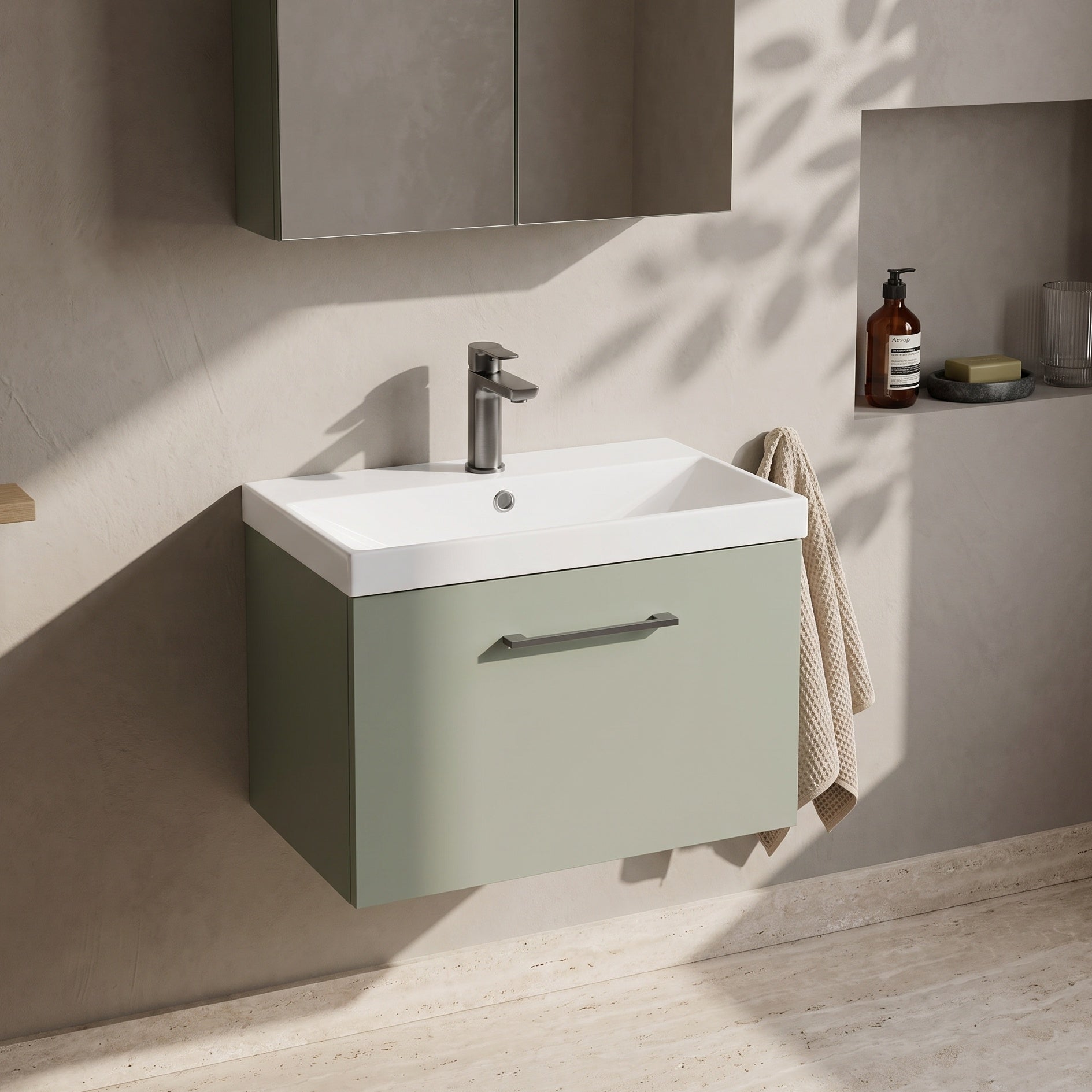 Fairford Aspri 600mm Satin Green Wall Hung Vanity Unit, 40mm Basin