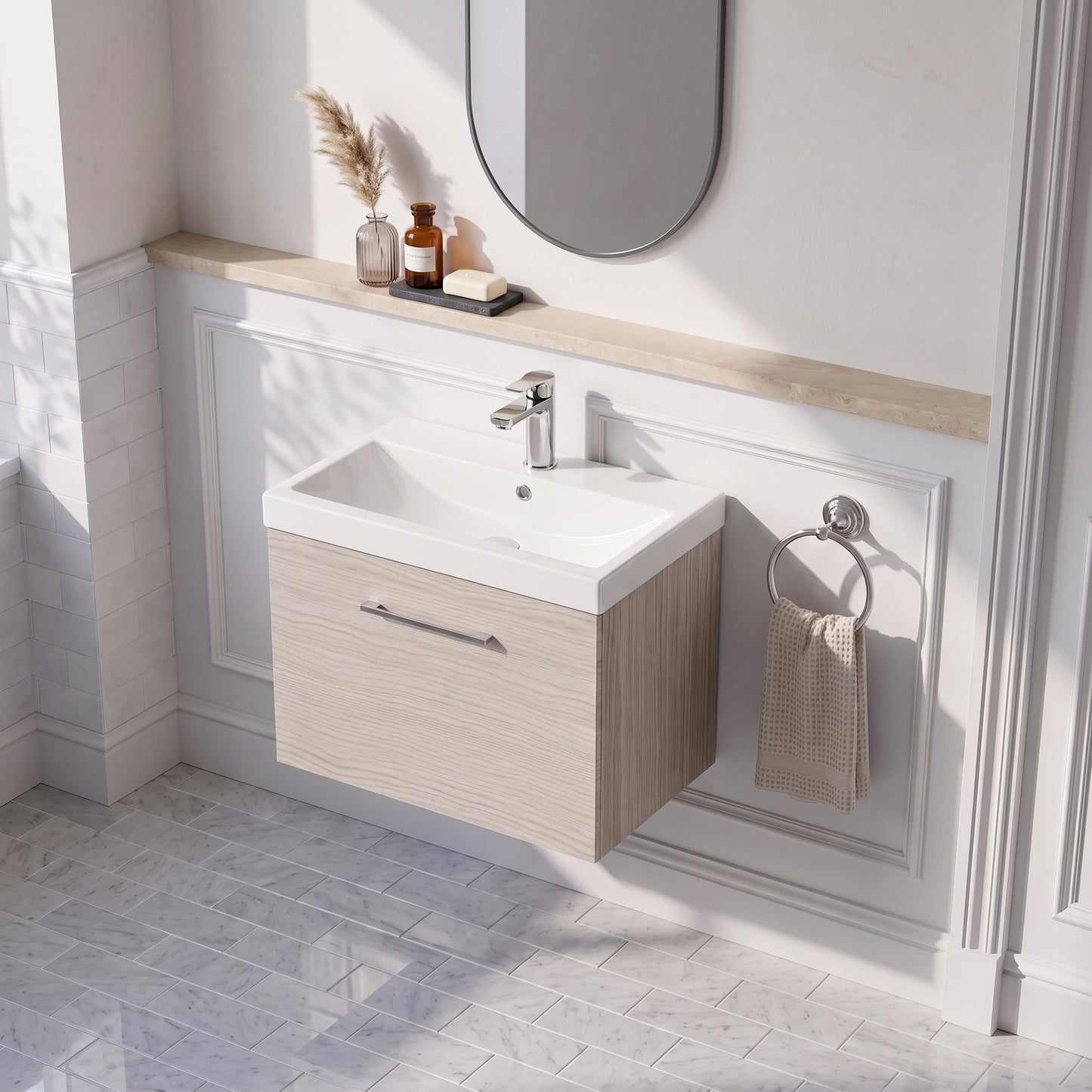 Fairford Aspri 600mm Solace Oak Wall Hung Vanity Unit, 40mm Basin
