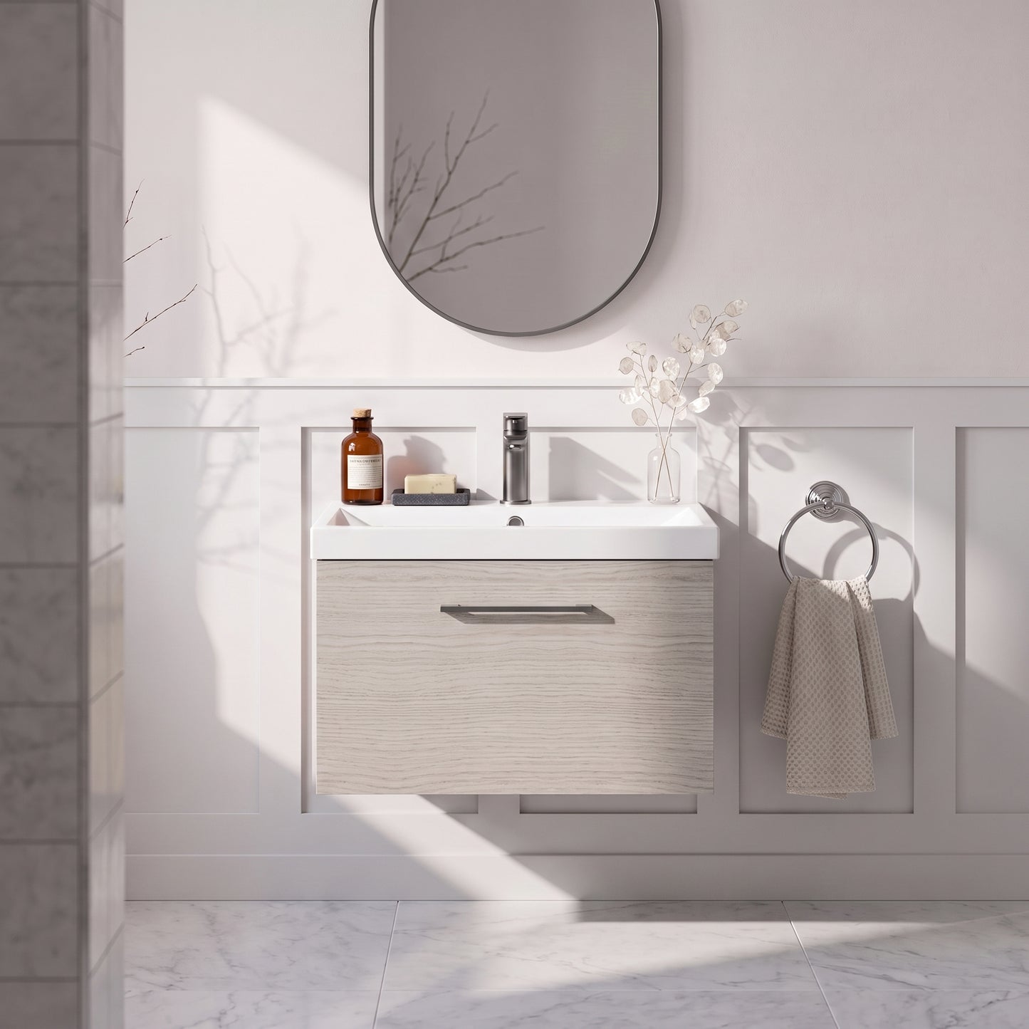 Fairford Aspri 600mm Solace Oak Wall Hung Vanity Unit, 40mm Basin