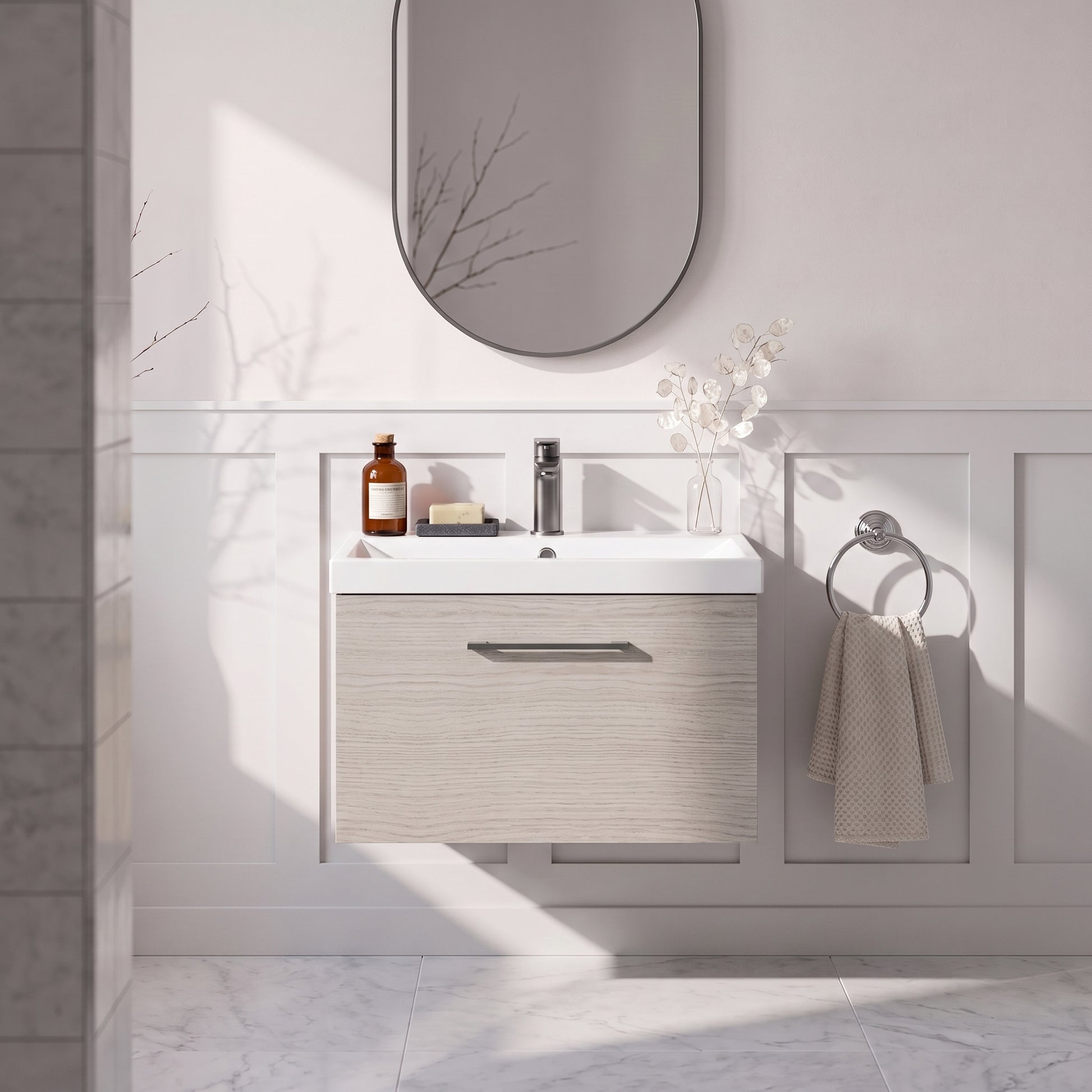 Fairford Aspri 600mm Solace Oak Wall Hung Vanity Unit, 40mm Basin