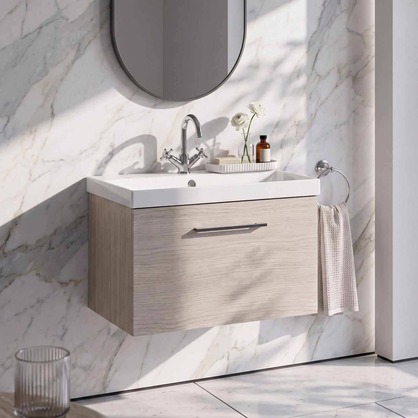 Fairford Aspri 600mm Solace Oak Wall Hung Vanity Unit, 40mm Basin