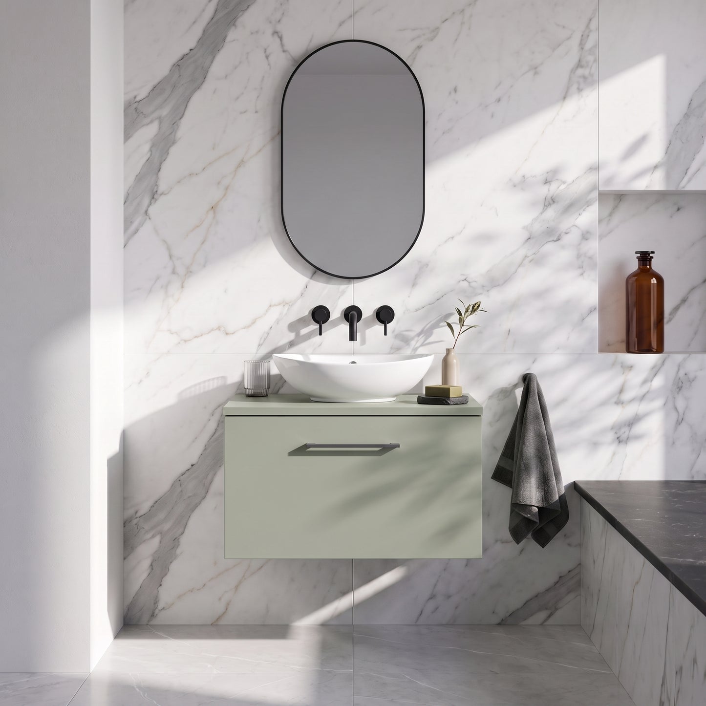 Fairford Aspri 600mm Satin Green Wall Hung Vanity Unit, MDF Satin Green Worktop