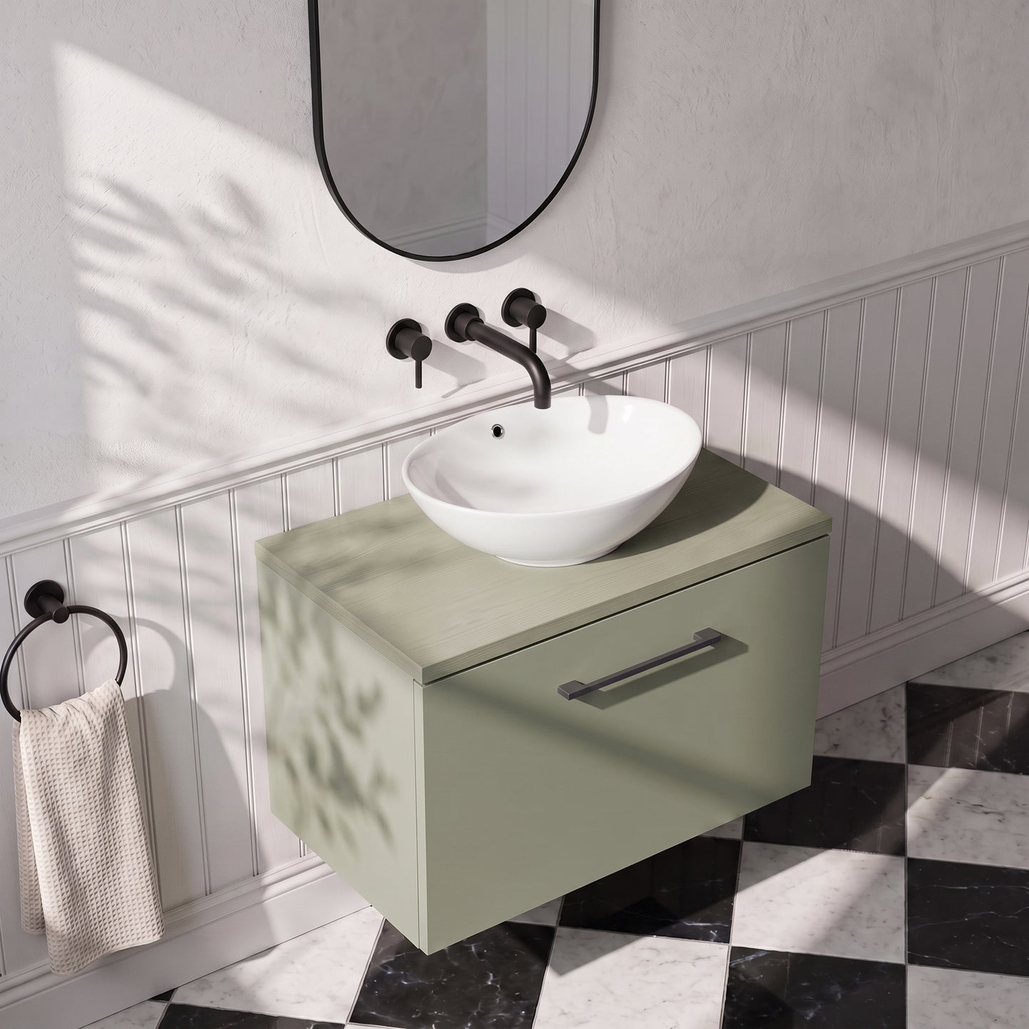 Fairford Aspri 600mm Satin Green Wall Hung Vanity Unit, MDF Satin Green Worktop