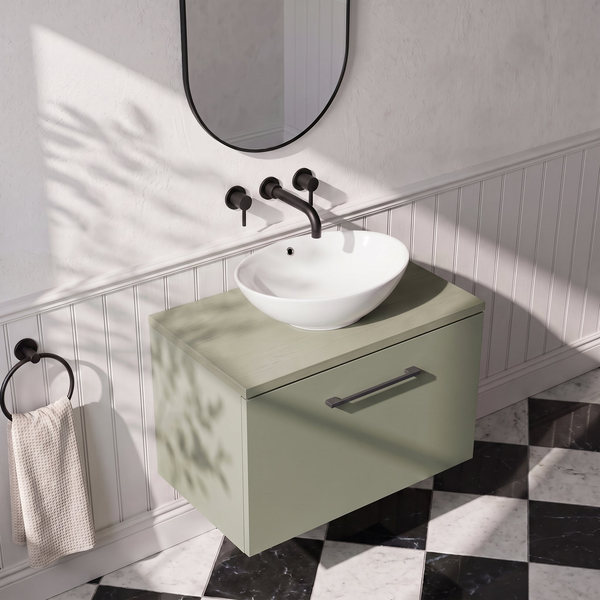 Fairford Aspri 600mm Satin Green Wall Hung Vanity Unit, MDF Satin Green Worktop