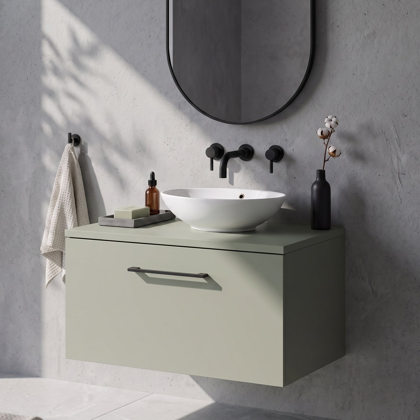 Fairford Aspri 600mm Satin Green Wall Hung Vanity Unit, MDF Satin Green Worktop