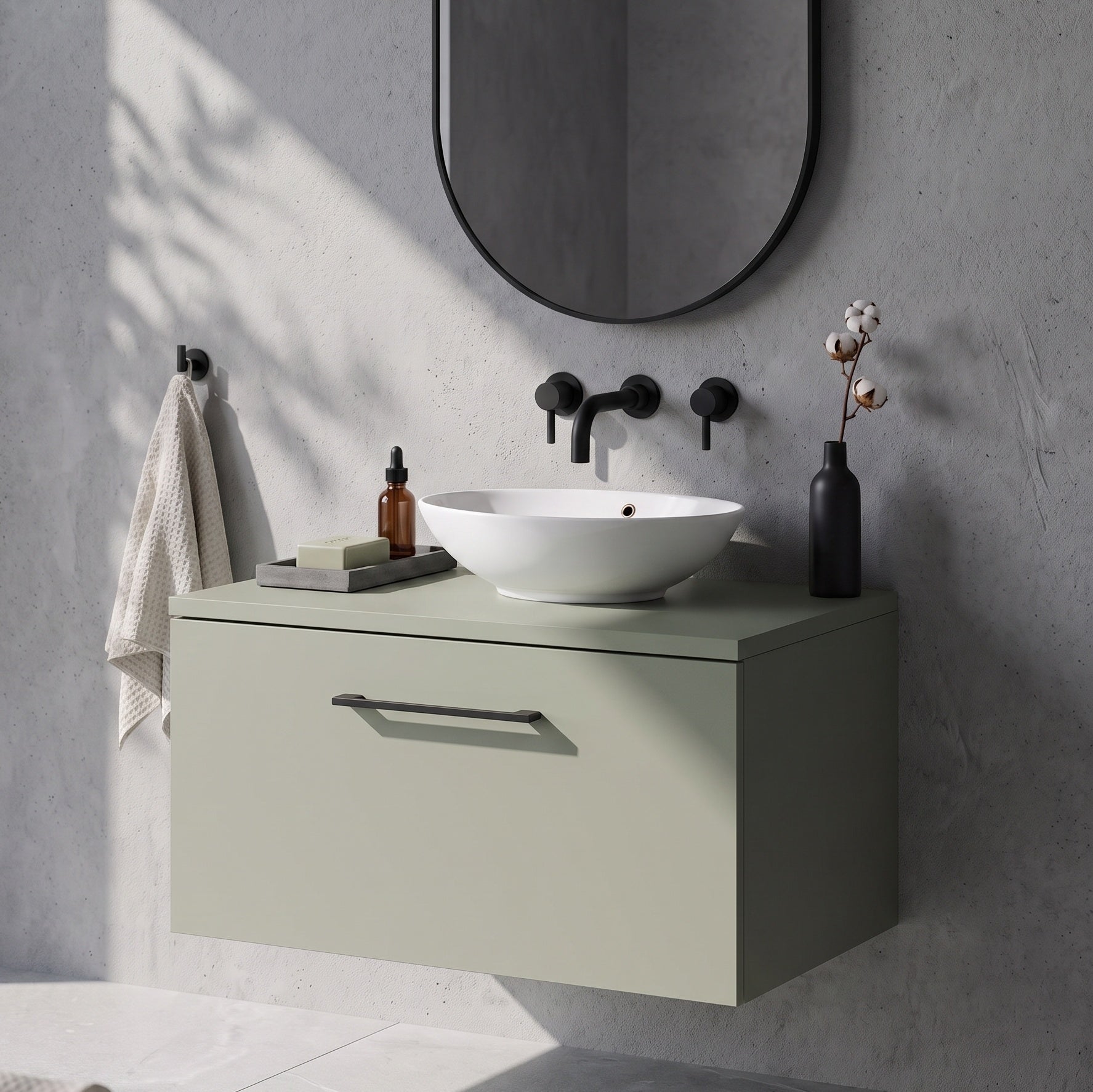Fairford Aspri 600mm Satin Green Wall Hung Vanity Unit, MDF Satin Green Worktop