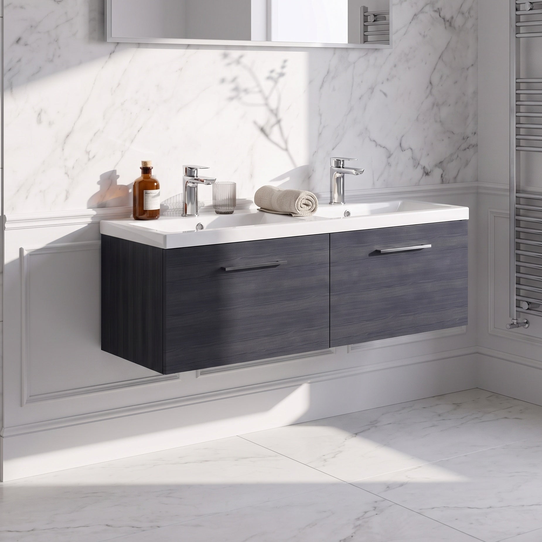 Fairford Aspri Black Woodgrain 1200mm 2 Drawer Wall Hung Vanity Unit