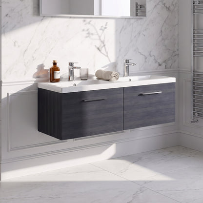 Fairford Aspri Black Woodgrain 1200mm 2 Drawer Wall Hung Vanity Unit