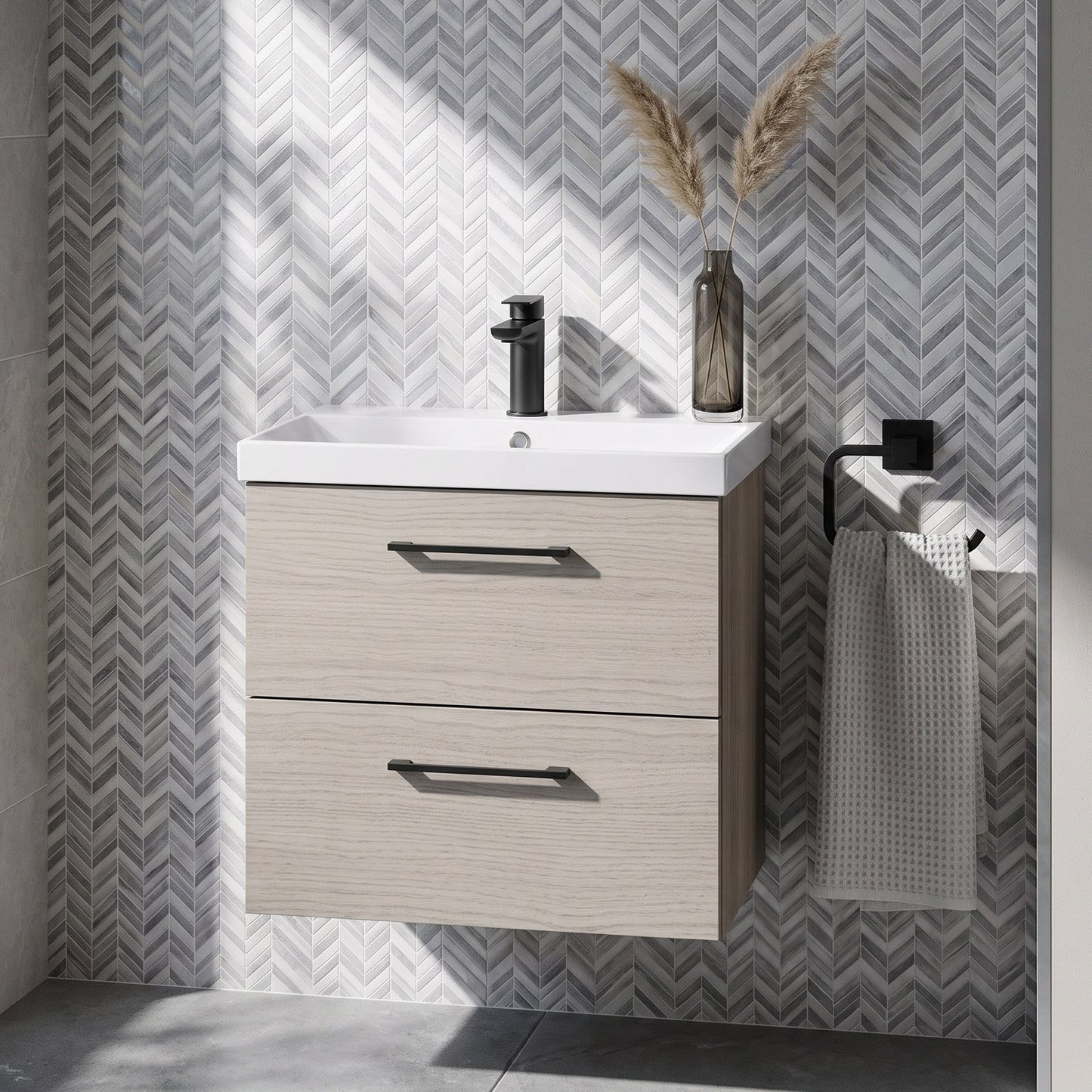 Fairford Aspri 600mm Solace Oak 2-Drawer Wall Hung Vanity Unit