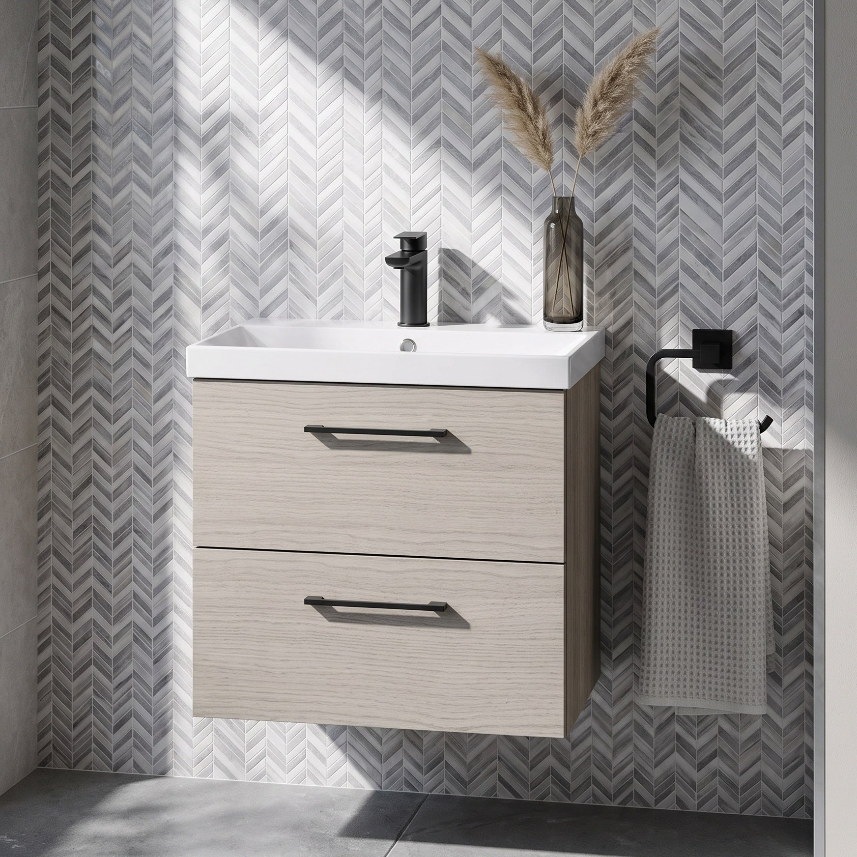 Fairford Aspri 600mm Solace Oak 2-Drawer Wall Hung Vanity Unit