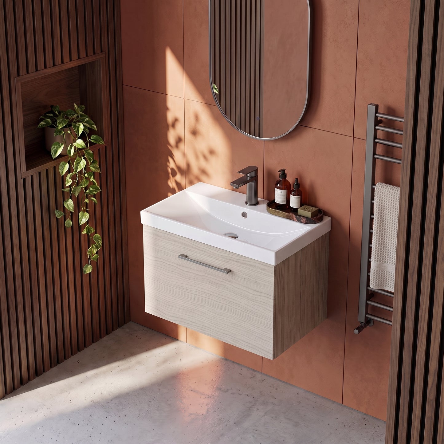 Fairford Aspri 600mm Solace Oak Wall Hung Vanity Unit, Thin Rimmed 40mm Basin