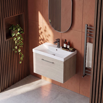 Fairford Aspri 600mm Solace Oak Wall Hung Vanity Unit, Thin Rimmed 40mm Basin