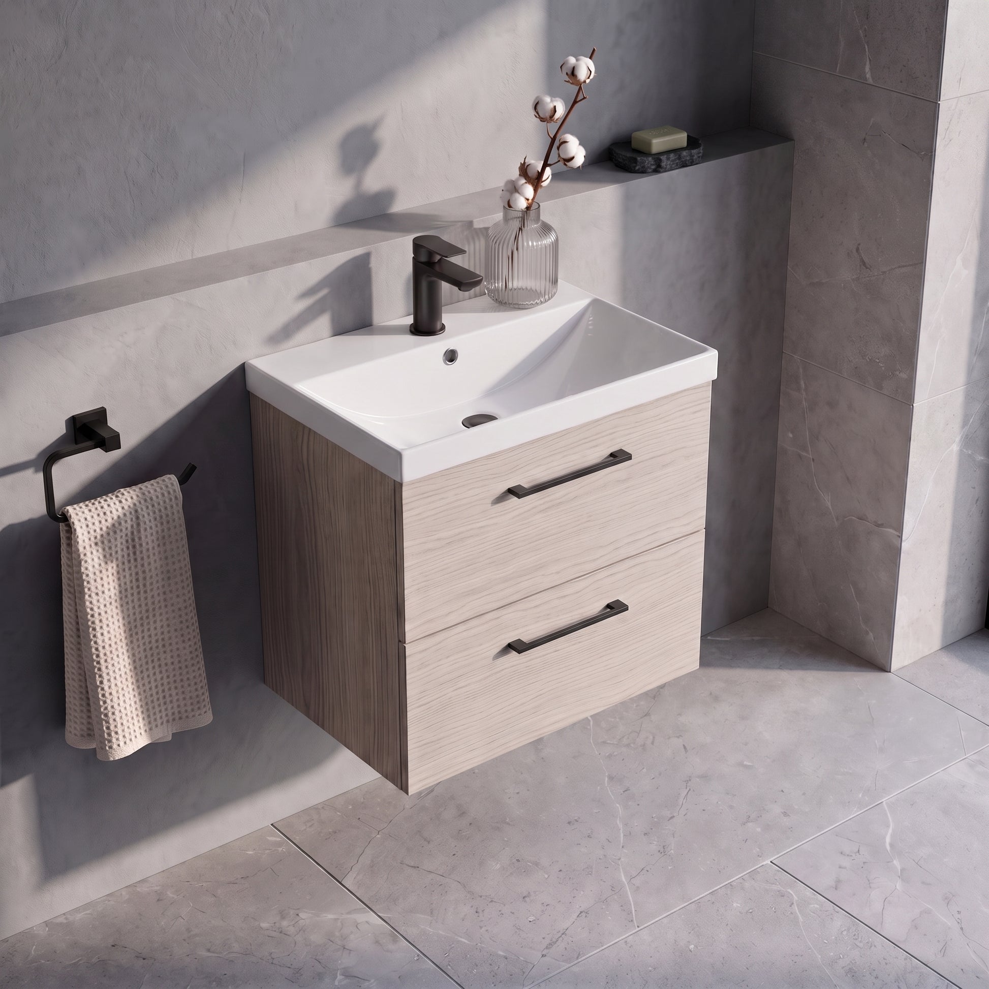 Fairford Aspri 600mm Solace Oak 2-Drawer Wall Hung Vanity Unit
