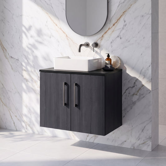 Fairford Aspri Black Woodgrain 600mm 2 Door Wall Hung Vanity Unit with Worktop