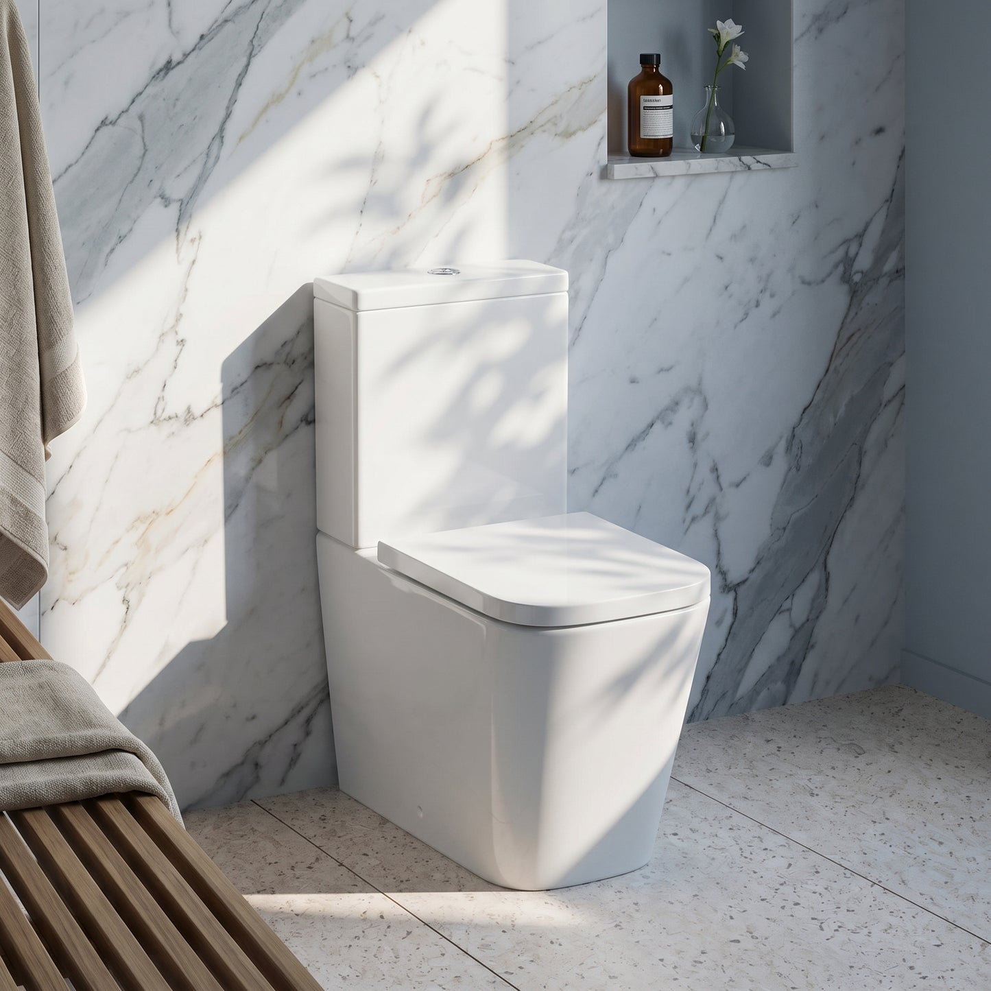 Fairford Grove Pure Rimless Close Coupled Toilet with Soft Close Seat — Bright White Marble lifestyle
