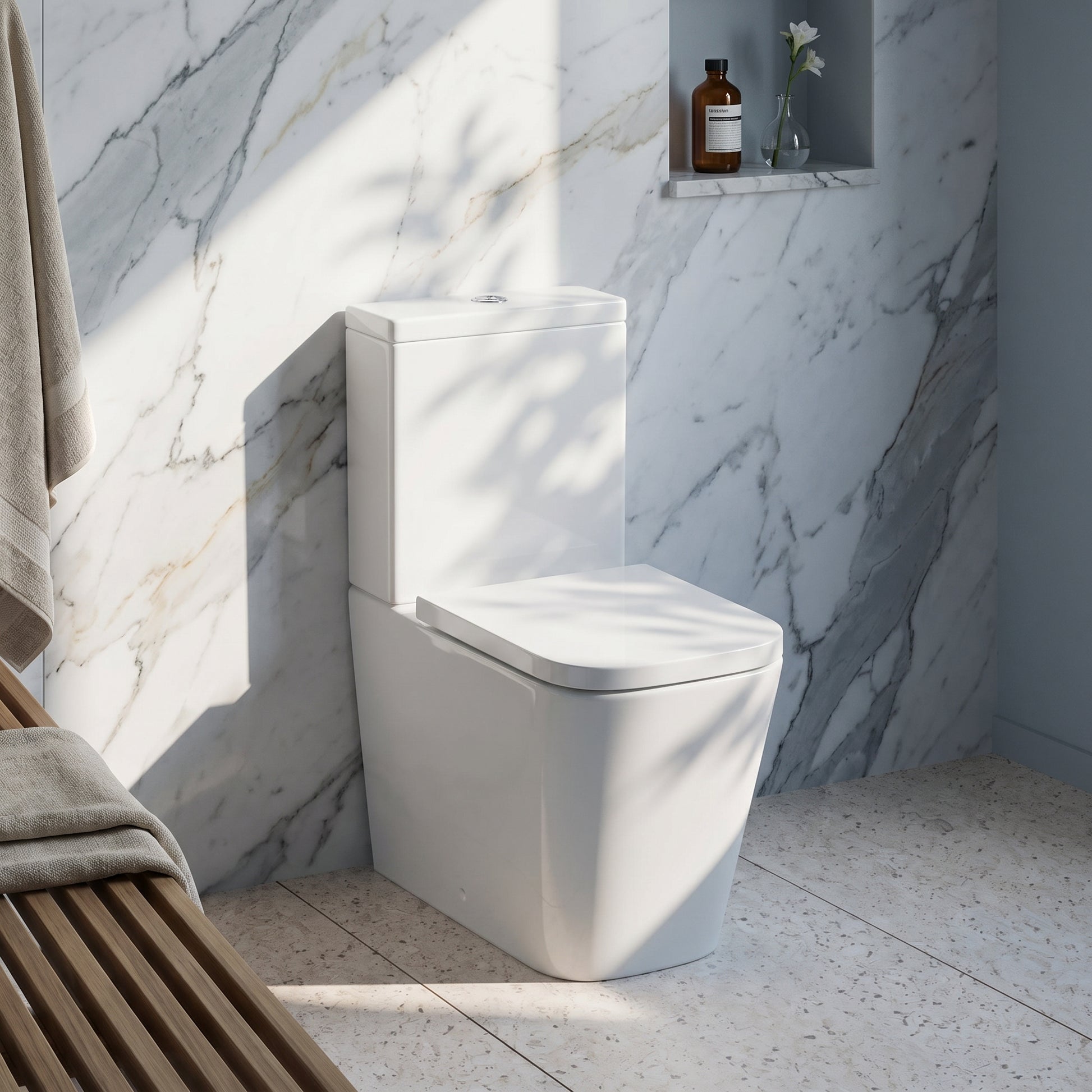 Fairford Grove Pure Rimless Close Coupled Toilet with Soft Close Seat — Bright White Marble lifestyle