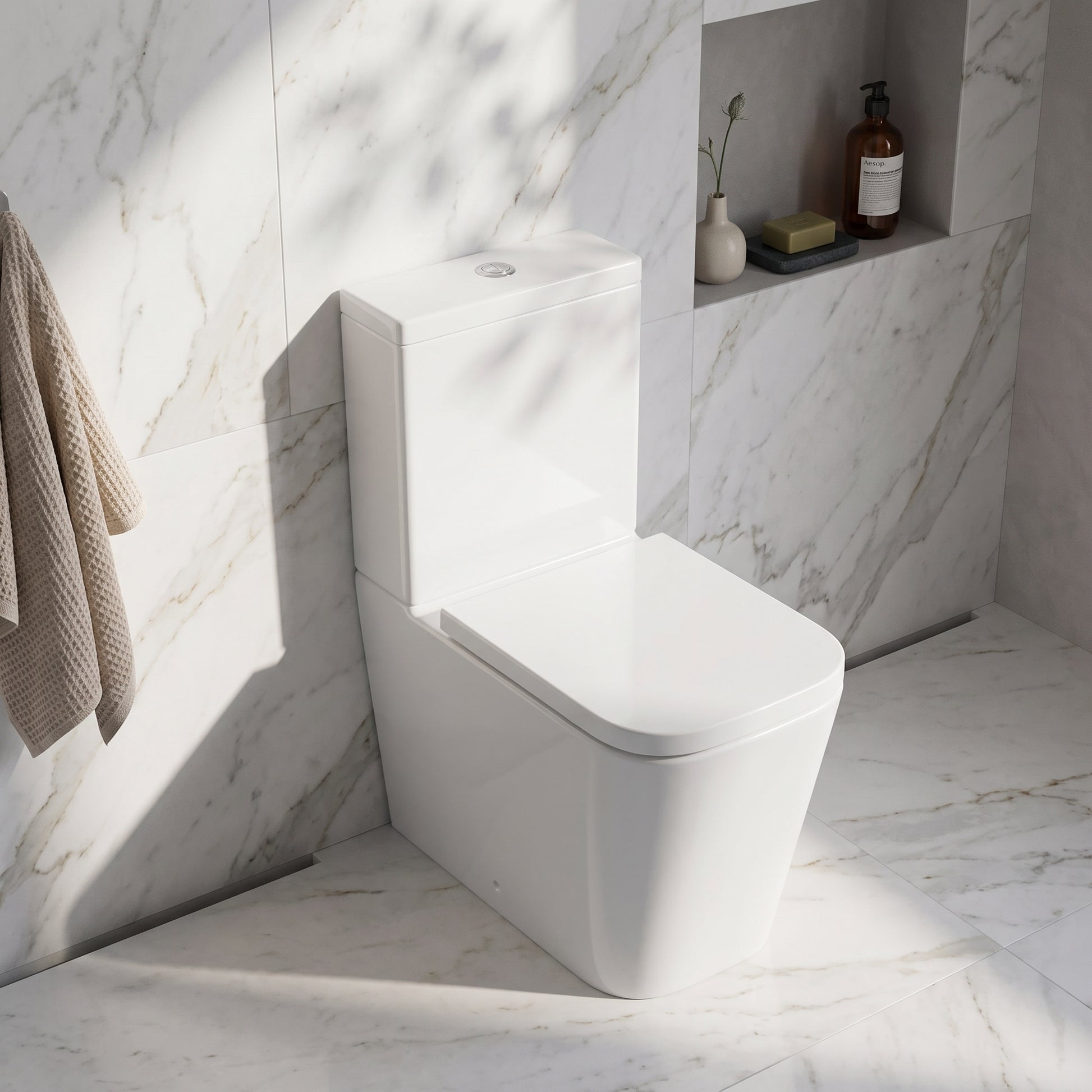 Fairford Grove Pure Rimless Close Coupled Toilet with Soft Close Seat — Bright White Marble lifestyle