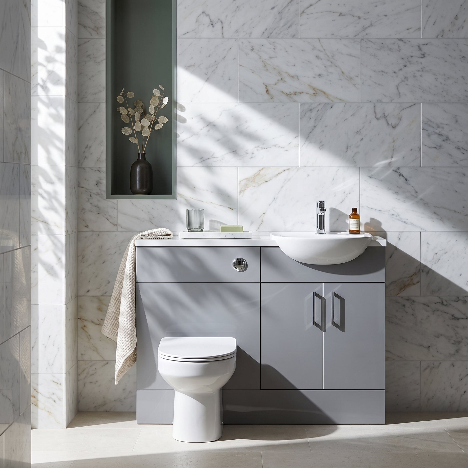 Dezine Clyde Gloss Grey 1000mm Pack, Vanity and WC Unit. White worktop. Chrome Fittings