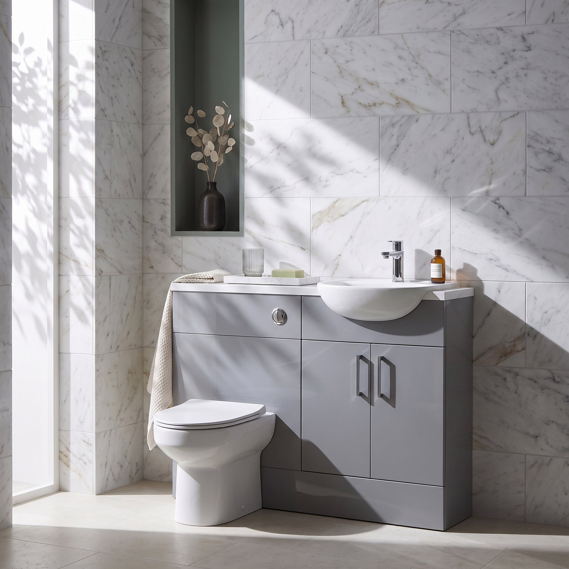 Dezine Clyde Gloss Grey 1000mm Pack, Vanity and WC Unit. White worktop. Chrome Fittings