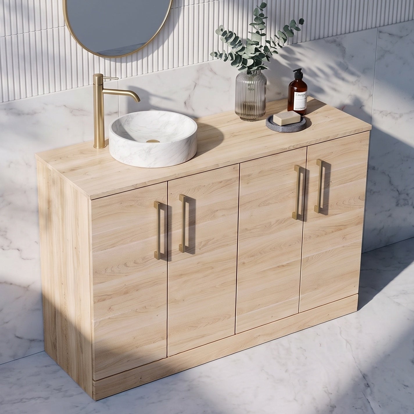 Fairford Aspri Bleached Oak 1200mm 4 Door Floorstanding Vanity Unit with Worktop