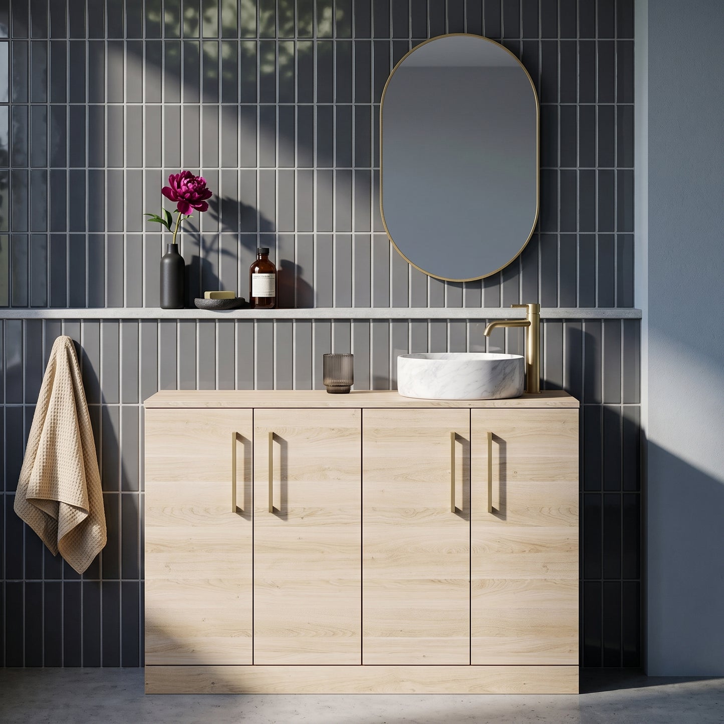 Fairford Aspri Bleached Oak 1200mm 4 Door Floorstanding Vanity Unit with Worktop