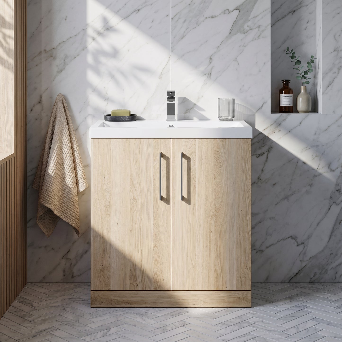 Fairford Aspri Bleached Oak 800mm 2 Door Floorstanding Vanity Unit