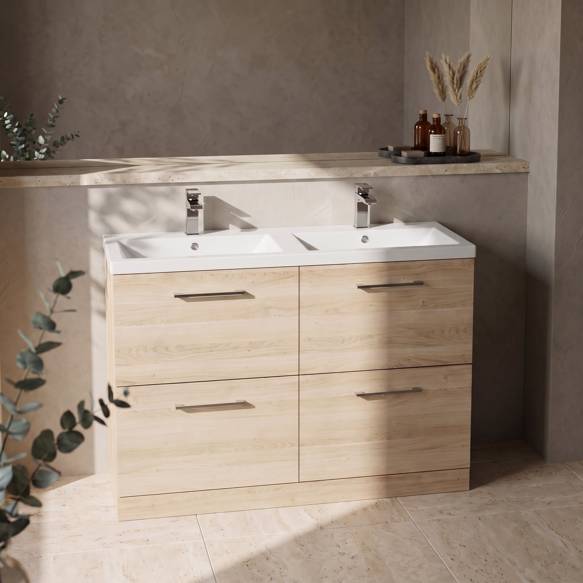 Fairford Aspri Bleached Oak 1200mm Floorstanding Double Vanity Unit with 4 Drawers and Basin