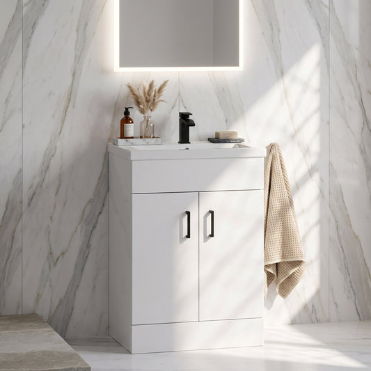 Fairford Kingsly Gloss White 600mm Floor Standing Vanity Unit — Bright White Marble lifestyle