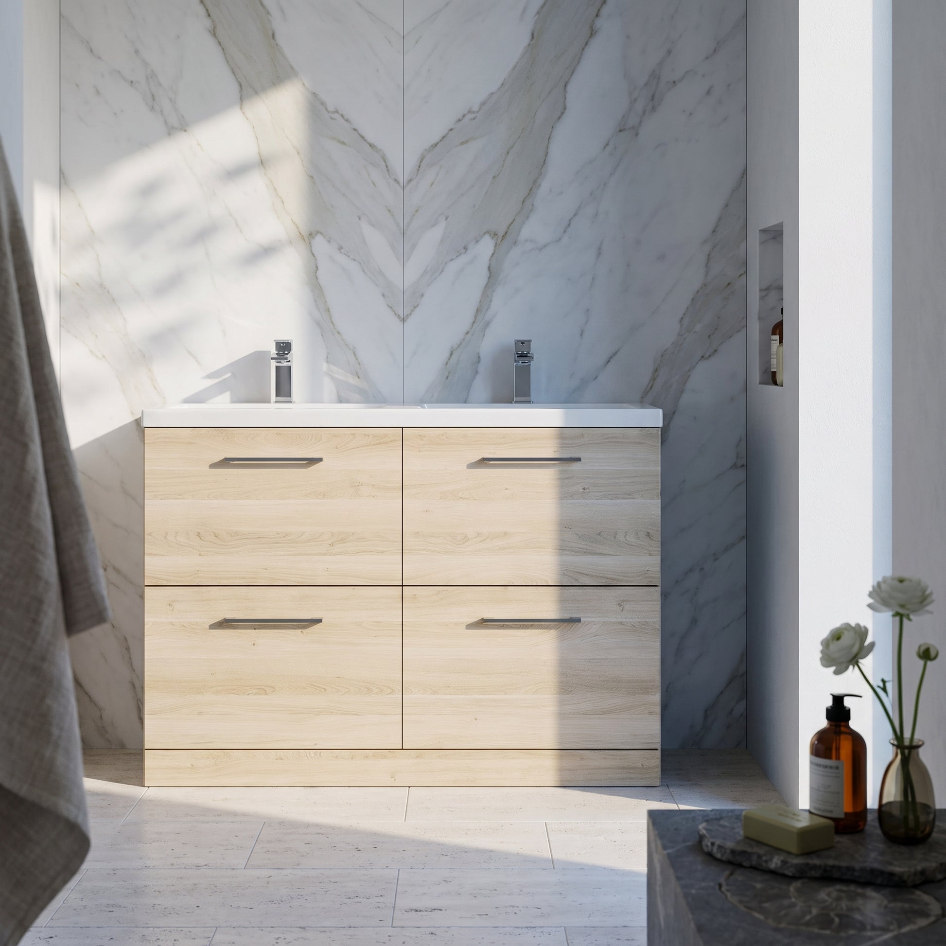 Fairford Aspri Bleached Oak 1200mm Floorstanding Double Vanity Unit with 4 Drawers and Basin