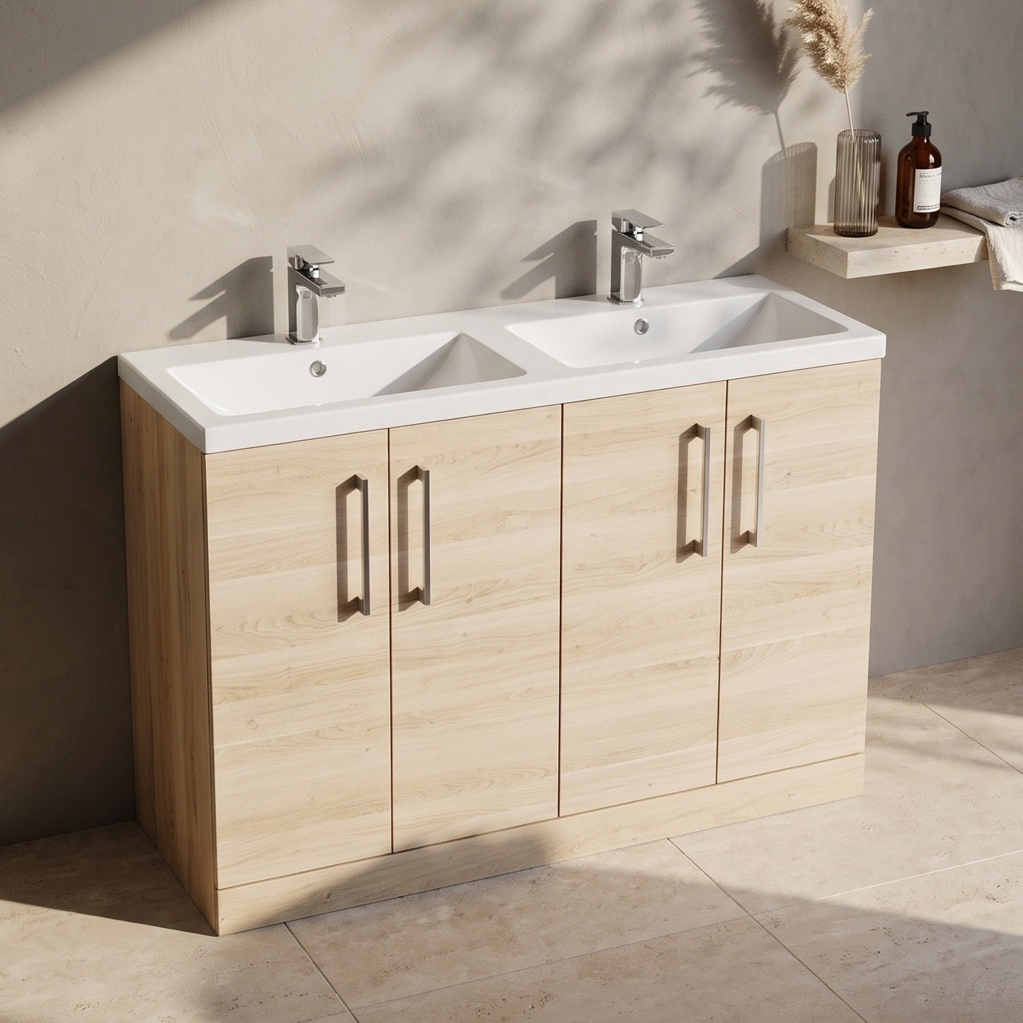 Fairford Aspri Bleached Oak 1200mm Floorstanding Double Vanity Unit with Doors and Basin