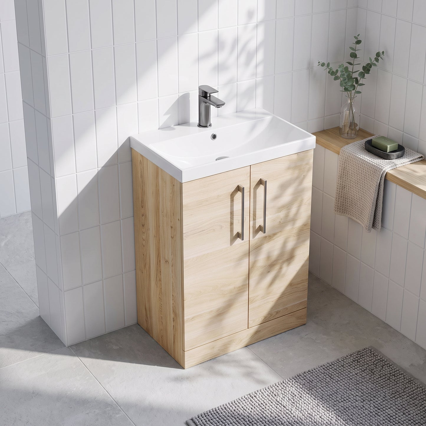 Fairford Aspri Bleached Oak 600mm 2 Door Floorstanding Vanity Unit