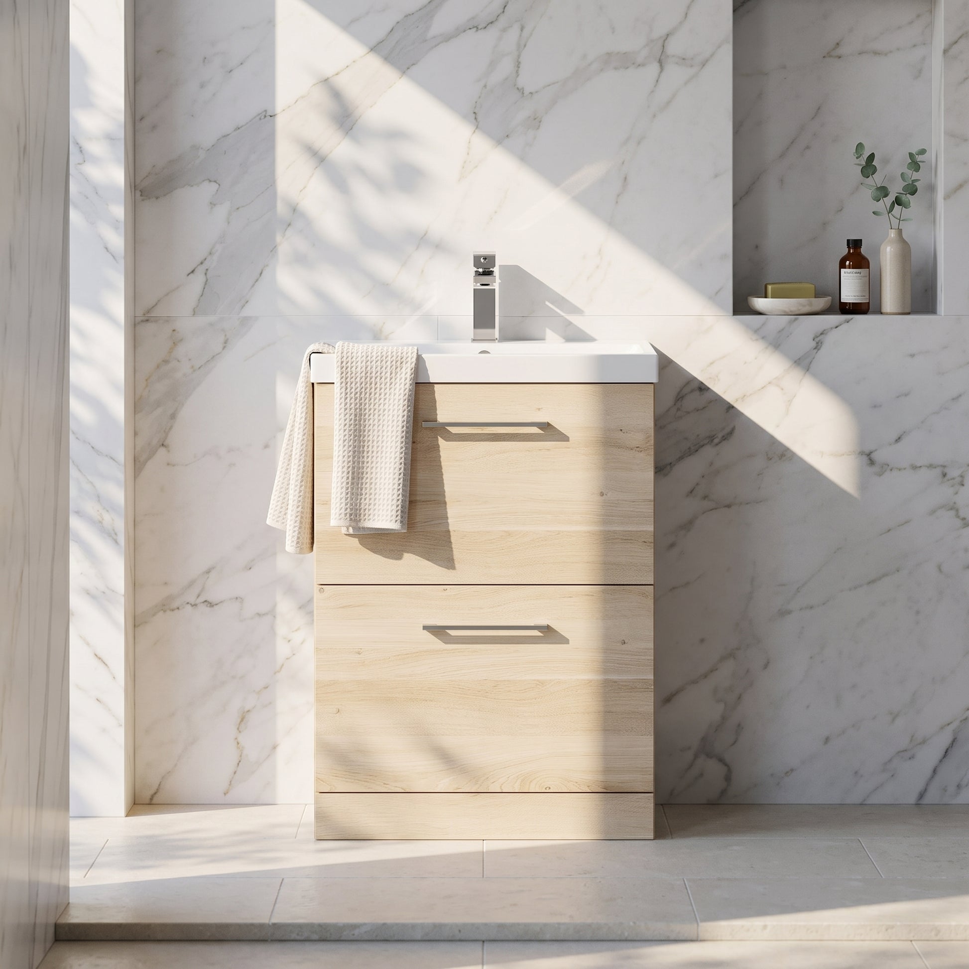 Fairford Aspri Bleached Oak 600mm 2 Drawer Floorstanding Vanity Unit