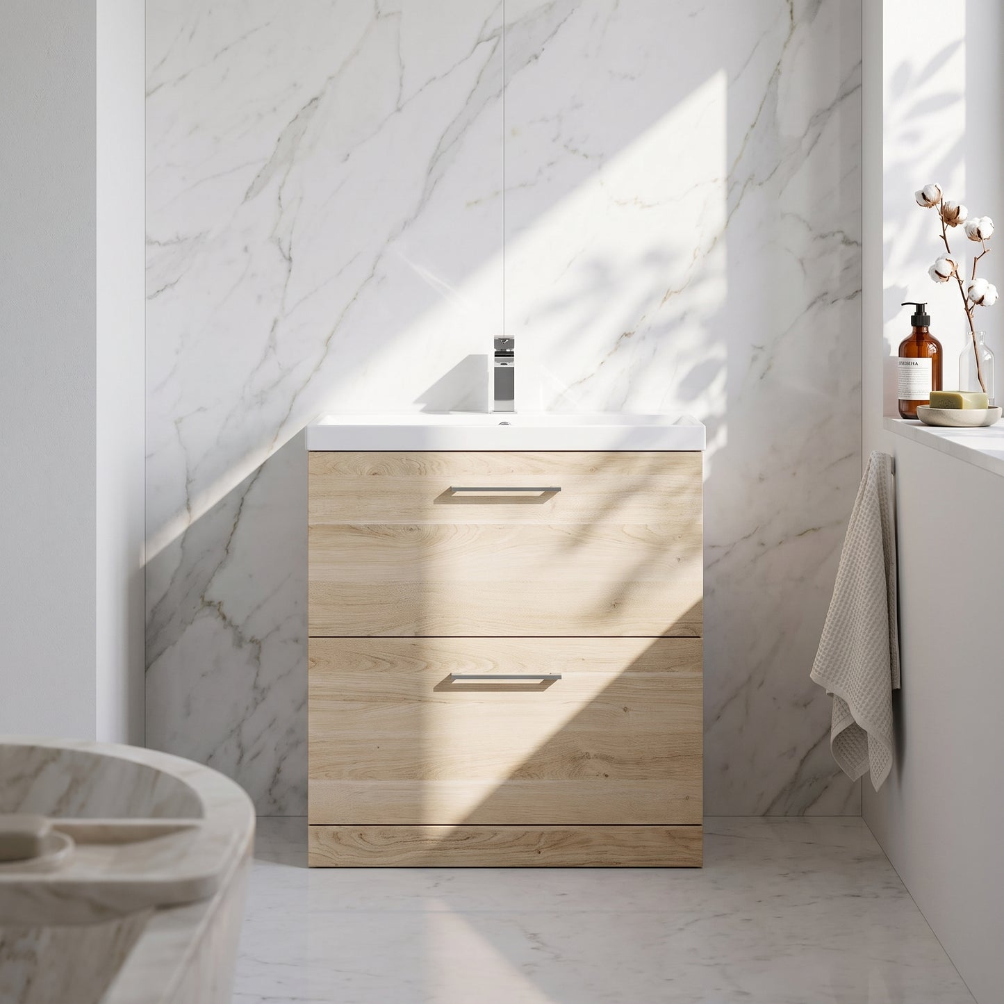 Fairford Aspri Bleached Oak 800mm 2 Drawer Floorstanding Vanity Unit