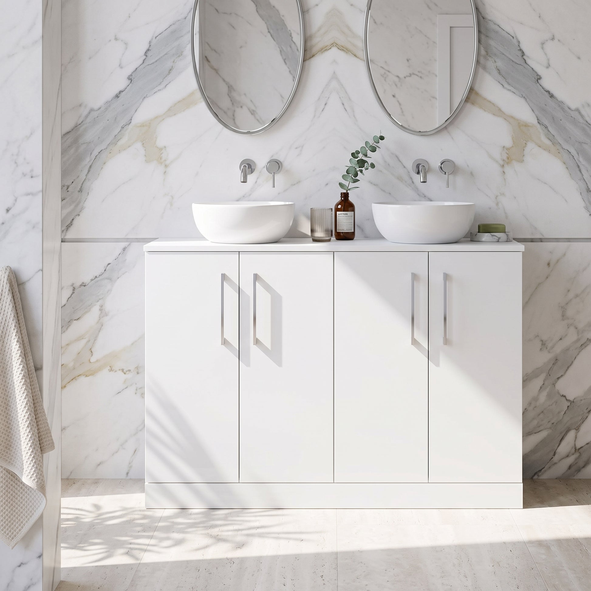 Fairford Aspri Gloss White 1200mm 4 Door Floorstanding Vanity Unit with Worktop