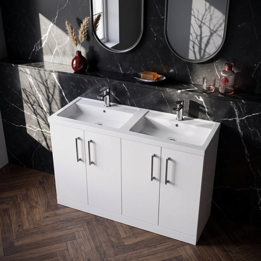 Fairford Aspri Gloss White 1200mm Floorstanding Double Vanity Unit with Doors and Basin