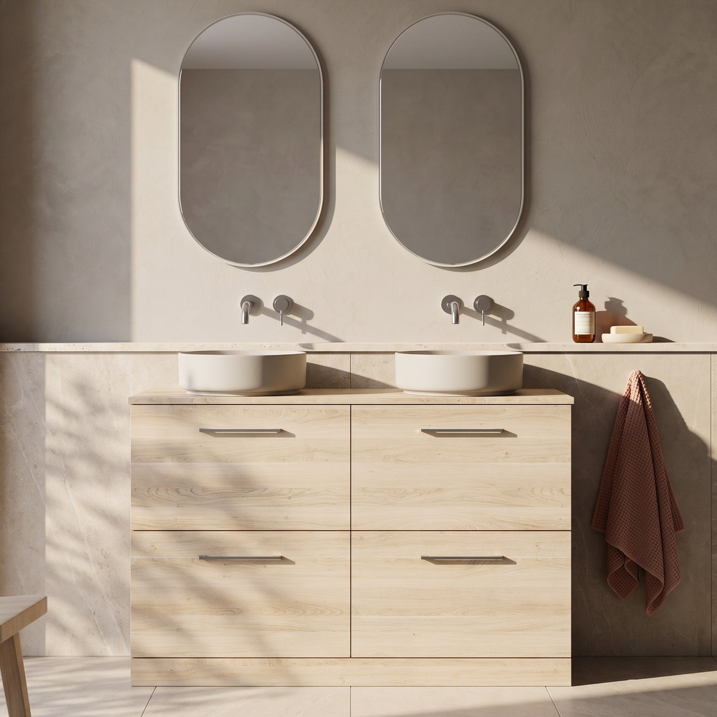 Fairford Aspri Bleached Oak 1200mm 4 Drawer Floorstanding Vanity Unit with Worktop