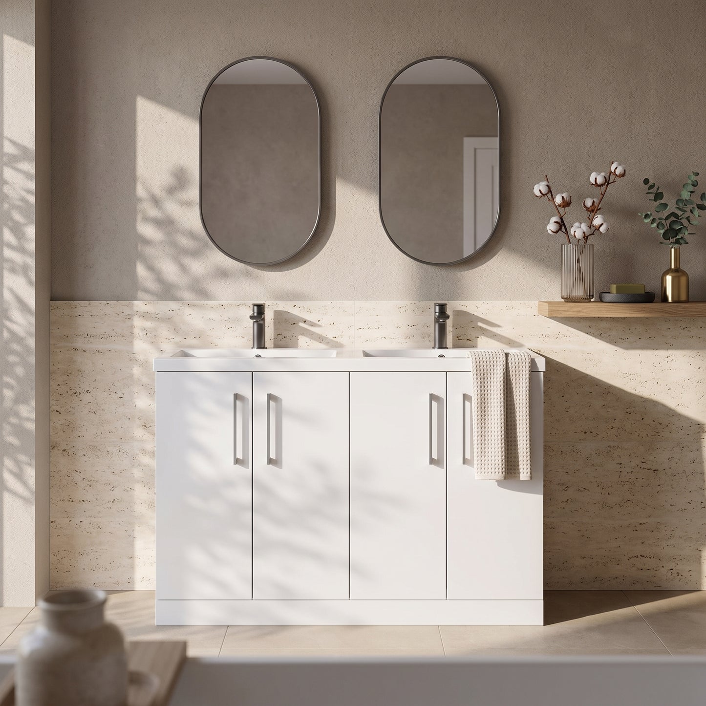 Fairford Aspri Gloss White 1200mm Floorstanding Double Vanity Unit with Doors and Basin