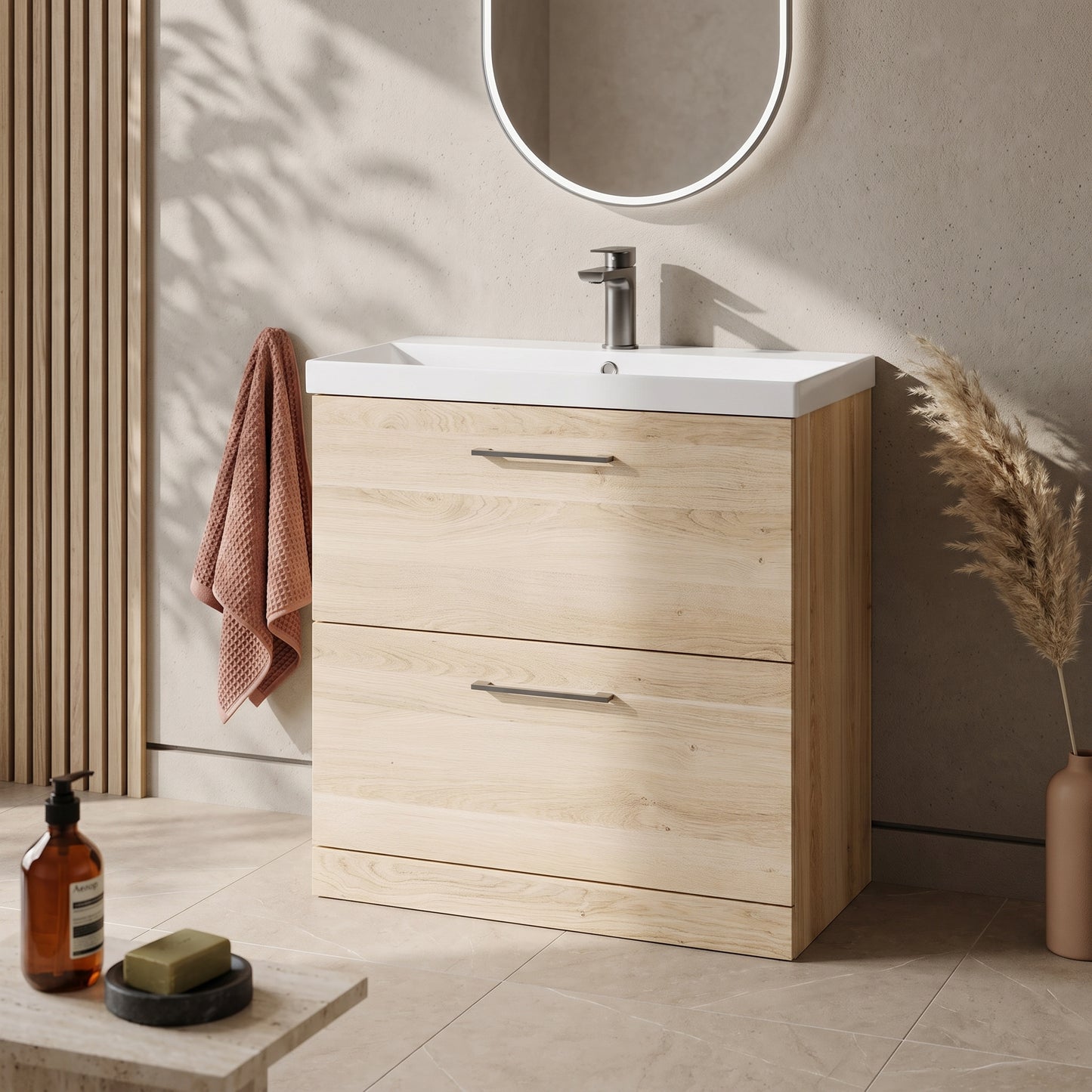 Fairford Aspri Bleached Oak 800mm 2 Drawer Floorstanding Vanity Unit