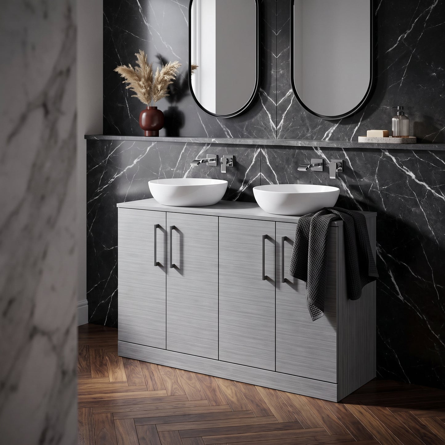 Fairford Aspri Grey Woodgrain 1200mm 4 Door Floorstanding Vanity Unit with Worktop