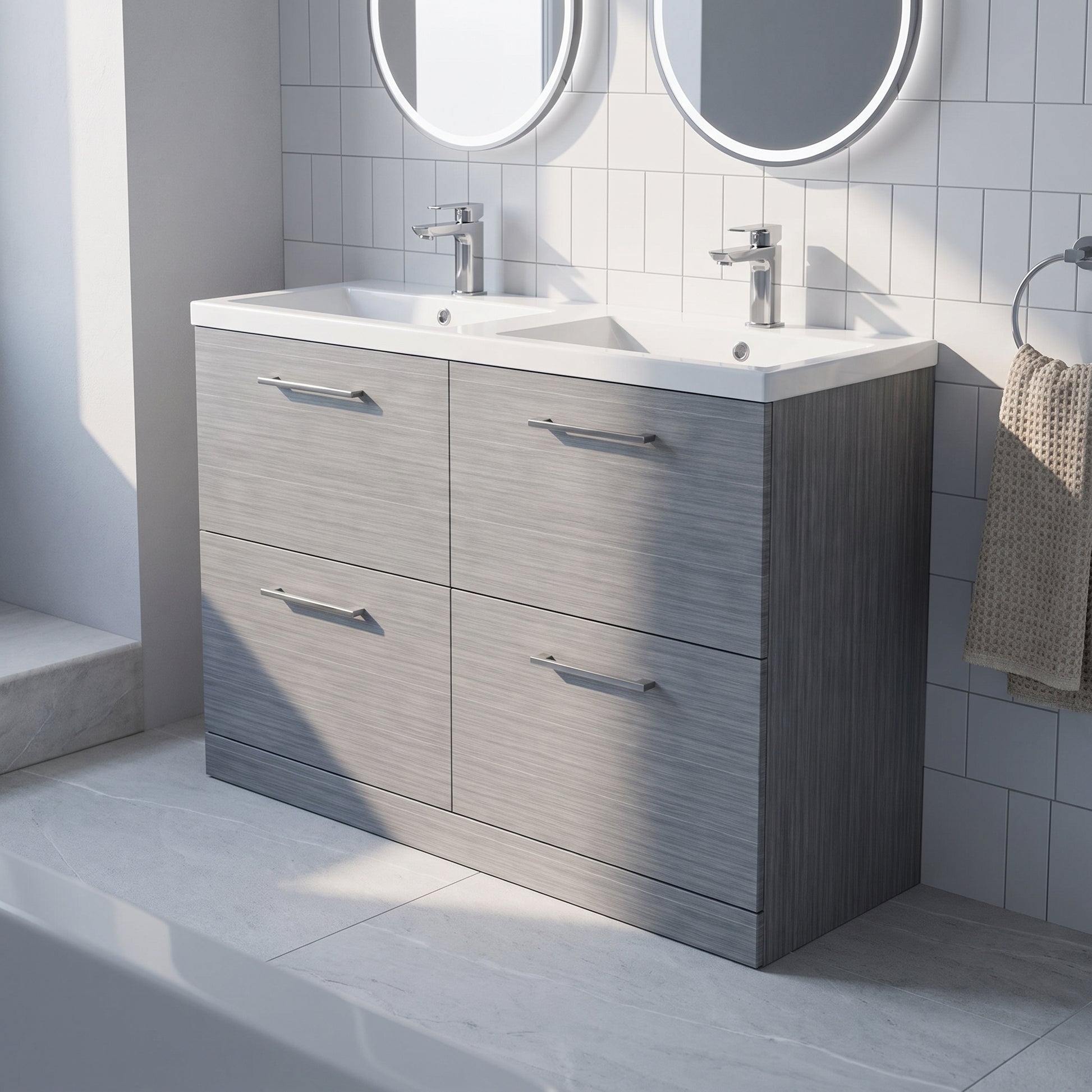 Fairford Aspri Grey Woodgrain 1200mm Floorstanding Double Vanity Unit with 4 Drawers and Basin