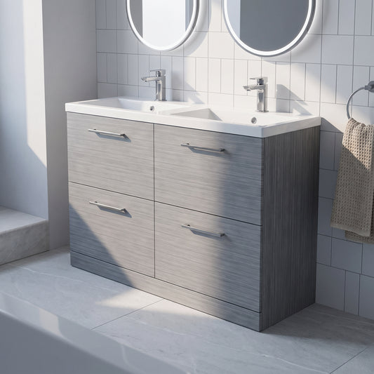 Fairford Aspri Grey Woodgrain 1200mm Floorstanding Double Vanity Unit with 4 Drawers and Basin