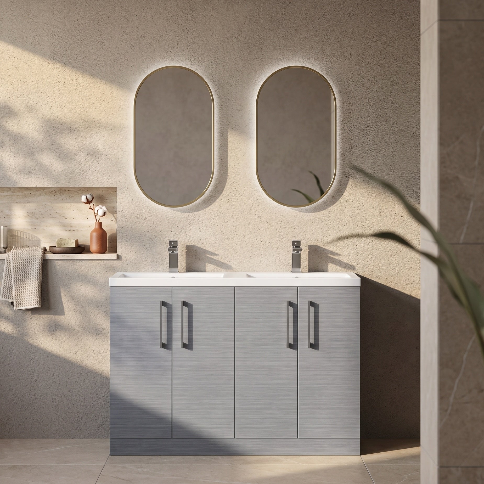 Fairford Aspri Grey Woodgrain 1200mm Floorstanding Double Vanity Unit with Doors and Basin