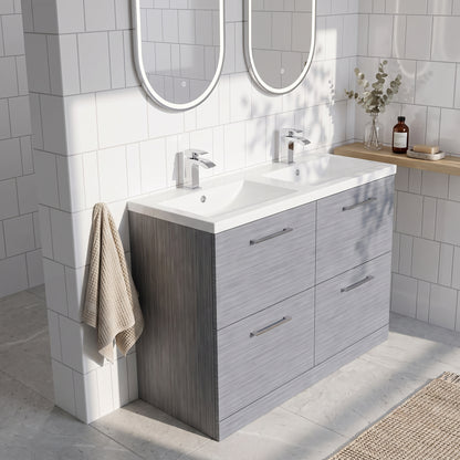 Fairford Aspri Grey Woodgrain 1200mm Floorstanding Double Vanity Unit with 4 Drawers and Basin