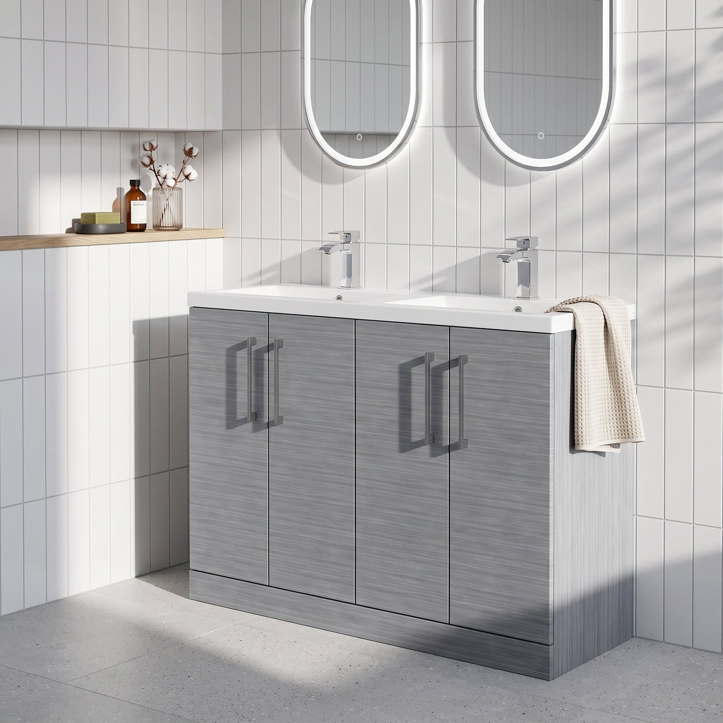 Fairford Aspri Grey Woodgrain 1200mm Floorstanding Double Vanity Unit with Doors and Basin