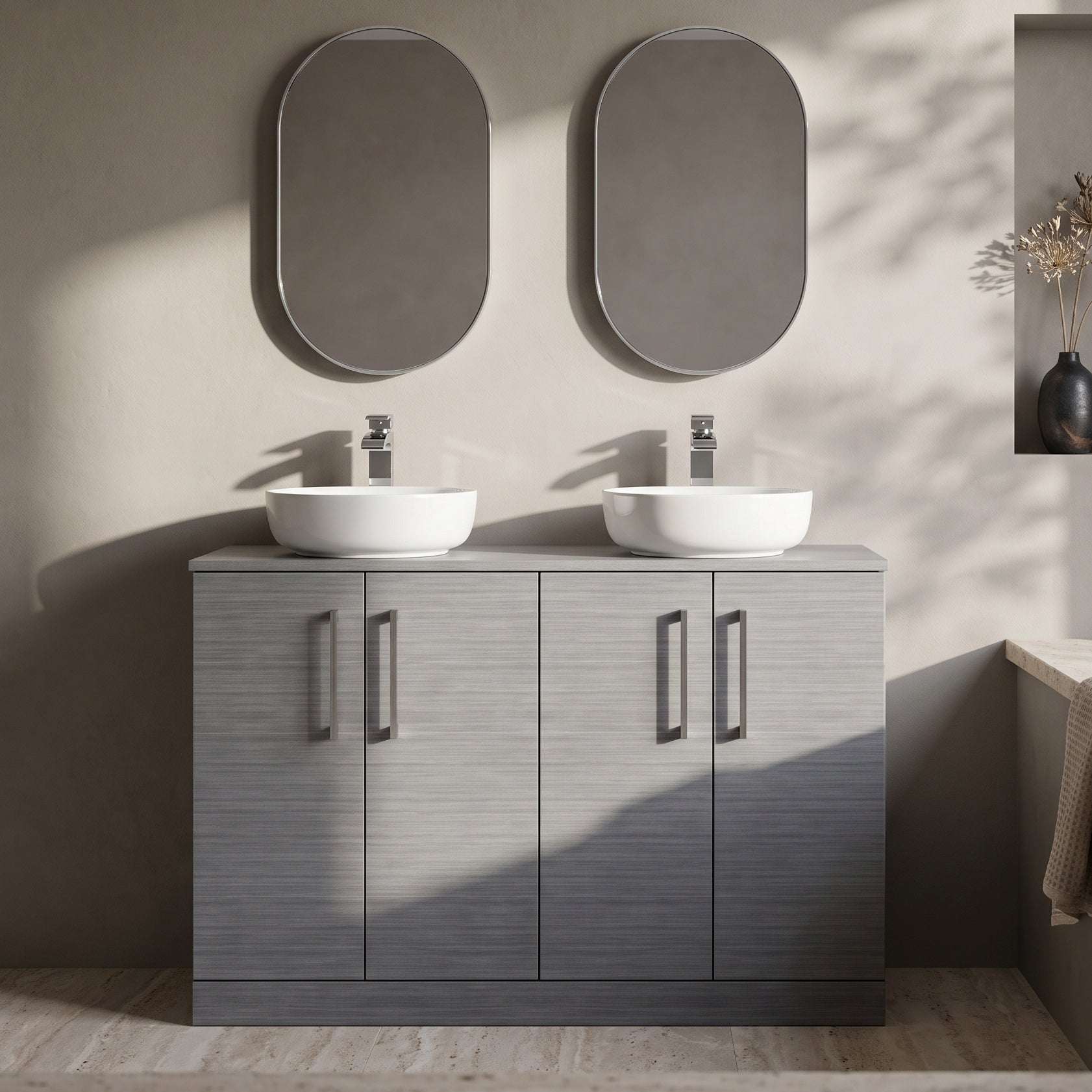Fairford Aspri Grey Woodgrain 1200mm 4 Door Floorstanding Vanity Unit with Worktop